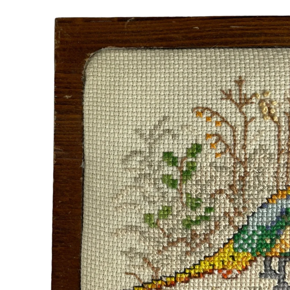Vintage Needlepoint Pheasant Square Wooden Flip-top Treasure Keepsake Hinged Box